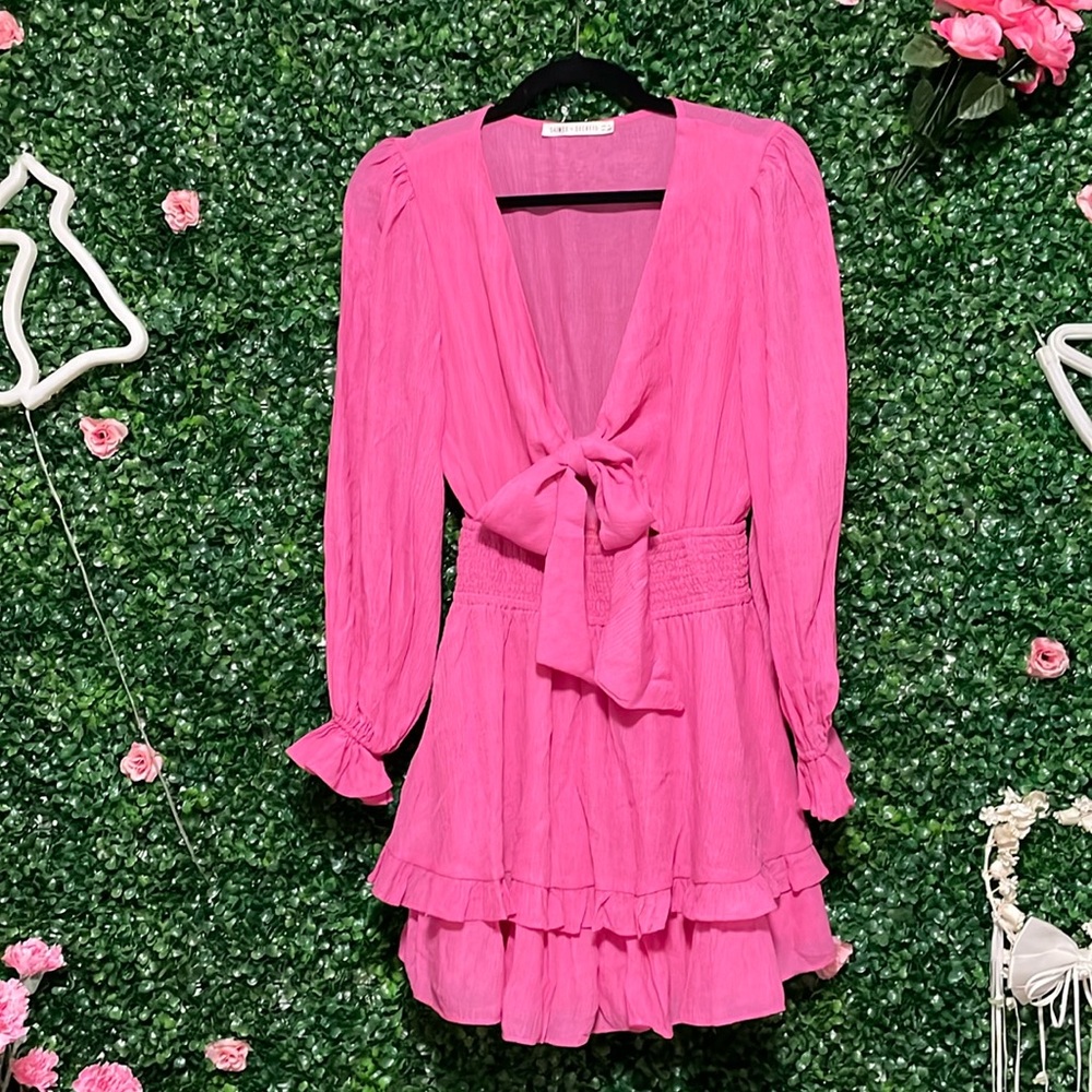 Flirty Pink Ruffled Long Sleeved Bowtie Front Dress
